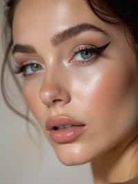 close-up of Model sporting winged eyeliner and matte skin finish. set against a soft, pastel background