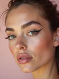 close-up of Model sporting winged eyeliner and matte skin finish. set against a soft, pastel background