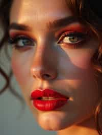 close-up of Model with a bold red lipstick and smokey eye makeup, her face half-lit in dramatic lighting. set against a soft, pastel background