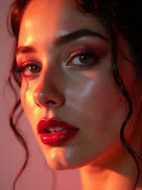 close-up of Model with a bold red lipstick and smokey eye makeup, her face half-lit in dramatic lighting. set against a soft, pastel background