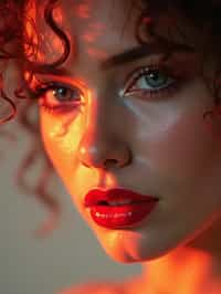 close-up of Model with a bold red lipstick and smokey eye makeup, her face half-lit in dramatic lighting. set against a soft, pastel background