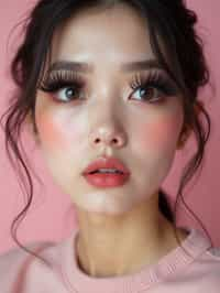 close-up of woman showcasing an Korean-style manga makeup look on woman, featuring oversized, dramatically long eyelashes that create a wide-eyed, whimsical appearance. The look is completed with bold, graphic eyeliner and a subtle blush to enhance the youthful and playful vibe. set against a soft, pastel background