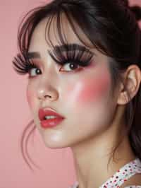 close-up of woman showcasing an Korean-style manga makeup look on woman, featuring oversized, dramatically long eyelashes that create a wide-eyed, whimsical appearance. The look is completed with bold, graphic eyeliner and a subtle blush to enhance the youthful and playful vibe. set against a soft, pastel background