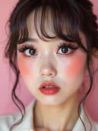 close-up of woman showcasing an Korean-style manga makeup look on woman, featuring oversized, dramatically long eyelashes that create a wide-eyed, whimsical appearance. The look is completed with bold, graphic eyeliner and a subtle blush to enhance the youthful and playful vibe. set against a soft, pastel background