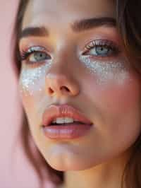 close-up of woman with glittery eye shadow and high-shine gloss, set against a soft, pastel background