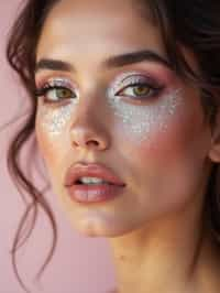 close-up of woman with glittery eye shadow and high-shine gloss, set against a soft, pastel background