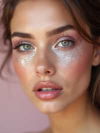 close-up of woman with glittery eye shadow and high-shine gloss, set against a soft, pastel background