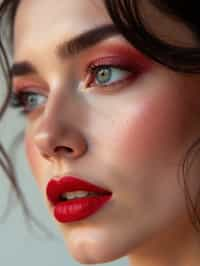 close up of woman with a bold red lipstick and smokey eye makeup. set against a soft, pastel background