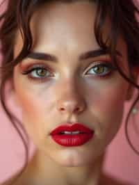 close up of woman with a bold red lipstick and smokey eye makeup. set against a soft, pastel background