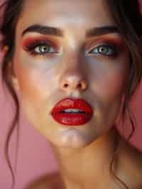 close up of woman with a bold red lipstick and smokey eye makeup. set against a soft, pastel background