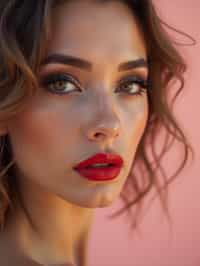 close up of woman with a bold red lipstick and smokey eye makeup. set against a soft, pastel background