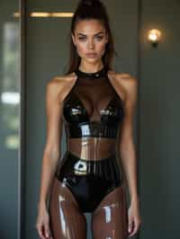 woman wearing (Smoky Black transparent latex glossy reflective top), (Smoky Black transparent latex glossy reflective  stockings), (Smoky Black transparent latex glossy reflective  high waist panties) and (transparent high heels). hair in a tight ponytail.