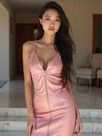 a woman wearing sexy (pink pu leather) standing in front of luxury design villa