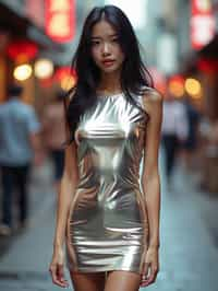 a woman wearing sexy (pvc latex glossy reflective  mini dress) standing in street