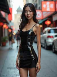 a woman wearing sexy (pvc latex glossy reflective  mini dress) standing in street