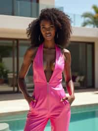 a woman wearing sexy (pink pu leather) standing in front of luxury design villa