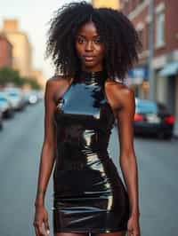 a woman wearing sexy (pvc latex glossy reflective  mini dress) standing in street