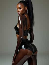 woman wearing (Smoky Black transparent latex glossy reflective top), (Smoky Black transparent latex glossy reflective  stockings), (Smoky Black transparent latex glossy reflective  high waist panties) and (transparent high heels). hair in a tight ponytail.