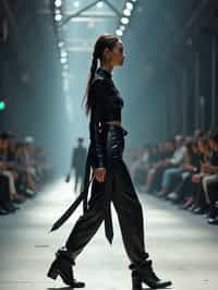 side view of woman walking on a fashion runway in an industrial space, showcasing a futuristic outfit with sharp lines