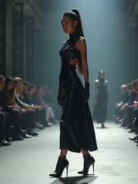 side view of woman walking on a fashion runway in an industrial space, showcasing a futuristic outfit with sharp lines