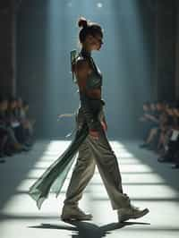 side view of woman walking on a fashion runway in an industrial space, showcasing a futuristic outfit with sharp lines