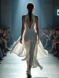 back view of woman walking on a fashion runway in an industrial space, captured mid-twirl, showcasing a futuristic outfit with sharp lines