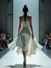 back view of woman walking on a fashion runway in an industrial space, captured mid-twirl, showcasing a futuristic outfit with sharp lines