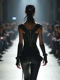 back view of woman walking on a fashion runway in an industrial space, captured mid-twirl, showcasing a futuristic outfit with sharp lines