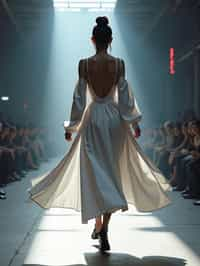 back view of woman walking on a fashion runway in an industrial space, captured mid-twirl, showcasing a futuristic outfit with sharp lines