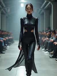 front view of woman walking on a fashion runway in an industrial space, showcasing a futuristic outfit with sharp lines