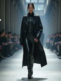 front view of woman walking on a fashion runway in an industrial space, showcasing a futuristic outfit with sharp lines