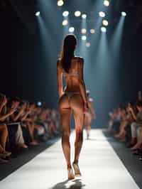 side view of woman striding confidently down a fashion runway in bikini, surrounded by flashing camera lights.