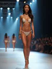 side view of woman striding confidently down a fashion runway in bikini, surrounded by flashing camera lights.