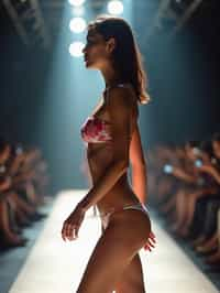 side view of woman striding confidently down a fashion runway in bikini, surrounded by flashing camera lights.