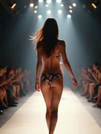 back view of woman striding confidently down a fashion runway in bikini, captured mid-twirl, surrounded by flashing camera lights.