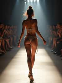 back view of woman striding confidently down a fashion runway in bikini, captured mid-twirl, surrounded by flashing camera lights.