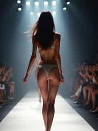 back view of woman striding confidently down a fashion runway in bikini, captured mid-twirl, surrounded by flashing camera lights.