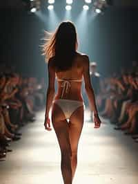 back view of woman striding confidently down a fashion runway in bikini, captured mid-twirl, surrounded by flashing camera lights.