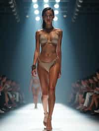 front view of woman striding confidently down a fashion runway in bikini, surrounded by flashing camera lights.