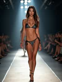 front view of woman striding confidently down a fashion runway in bikini, surrounded by flashing camera lights.