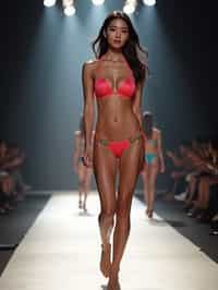 front view of woman striding confidently down a fashion runway in bikini, surrounded by flashing camera lights.