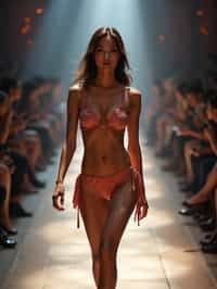 front view of woman striding confidently down a fashion runway in bikini, surrounded by flashing camera lights.