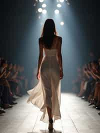 back view of woman striding confidently down a fashion runway, surrounded by flashing camera lights.