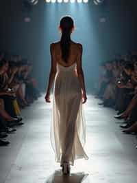 back view of woman striding confidently down a fashion runway, surrounded by flashing camera lights.