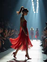 side view of woman striding confidently down a fashion runway, captured mid-twirl, surrounded by flashing camera lights.