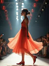 side view of woman striding confidently down a fashion runway, captured mid-twirl, surrounded by flashing camera lights.