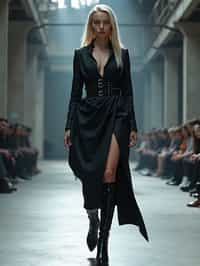 side view of woman walking on a fashion runway in an industrial space, showcasing a futuristic outfit with sharp lines