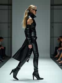 side view of woman walking on a fashion runway in an industrial space, showcasing a futuristic outfit with sharp lines