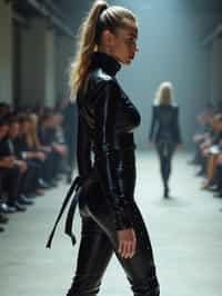 side view of woman walking on a fashion runway in an industrial space, showcasing a futuristic outfit with sharp lines