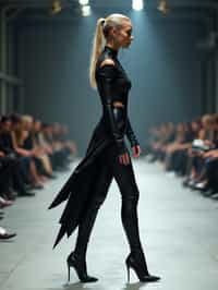 side view of woman walking on a fashion runway in an industrial space, showcasing a futuristic outfit with sharp lines